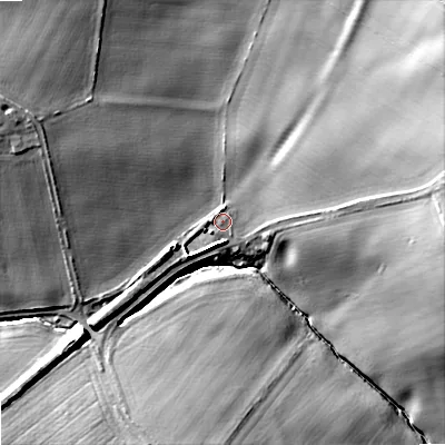 Shaded relief map of the ground around TD152JX, computed from Environment Agency LiDAR. The ground here sits at about 45 m above sea level and falls 17 m across the surrounding 800 m. Surface water reaching this point runs off ground lying to the south-west, 3.1 m higher.