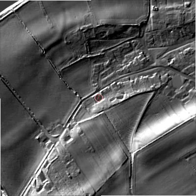 Shaded relief map of the ground around TD152JZ, computed from Environment Agency LiDAR. The ground here sits at about 16 m above sea level and falls 29 m across the surrounding 800 m. Surface water reaching this point runs off ground lying to the south-east, 19.4 m higher.