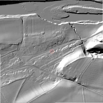 Shaded relief map of the ground around TD152LQ, computed from Environment Agency LiDAR. The ground here sits at about 12 m above sea level and falls 34 m across the surrounding 800 m. Surface water reaching this point runs off ground lying to the south-east, 21.3 m higher.