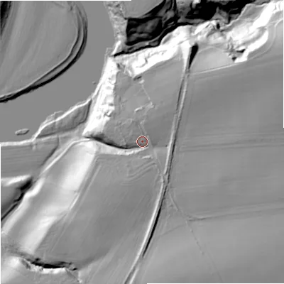 Shaded relief map of the ground around TD152NL, computed from Environment Agency LiDAR. The ground here sits at about 35 m above sea level and falls 40 m across the surrounding 800 m. Surface water reaching this point runs off ground lying to the north-east, 6.9 m higher.