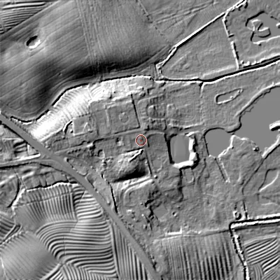 Shaded relief map of the ground around TD152NZ, computed from Environment Agency LiDAR. The ground here sits at about 11 m above sea level and falls 11 m across the surrounding 800 m. Surface water reaching this point runs off ground lying to the south-south-west, 2.3 m higher.