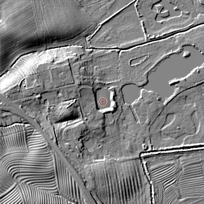 Shaded relief map of the ground around TD152PA, computed from Environment Agency LiDAR. The ground here sits at about 7 m above sea level and falls 11 m across the surrounding 800 m. Surface water reaching this point runs off ground lying to the west, 5.7 m higher.