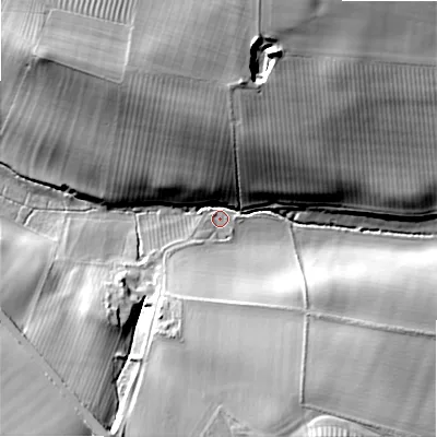 Shaded relief map of the ground around TD152PL, computed from Environment Agency LiDAR. The ground here sits at about 17 m above sea level and falls 31 m across the surrounding 800 m. Surface water reaching this point runs off ground lying to the north-north-west, 26.4 m higher.