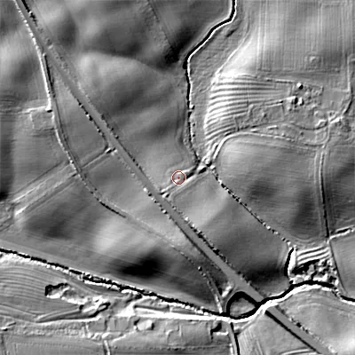 Shaded relief map of the ground around TD152RN, computed from Environment Agency LiDAR. The ground here sits at about 15 m above sea level and falls 14 m across the surrounding 800 m. Surface water reaching this point runs off ground lying to the south-south-west, 3.3 m higher.