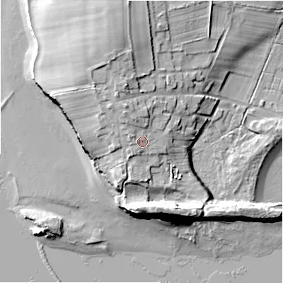 Shaded relief map of the ground around TD152RX, computed from Environment Agency LiDAR. The ground here sits at about 12 m above sea level and falls 21 m across the surrounding 800 m. Surface water reaching this point runs off ground lying to the west, 1.5 m higher.
