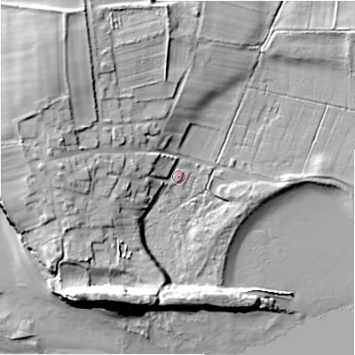 Shaded relief map of the ground around TD152SP, computed from Environment Agency LiDAR. The ground here sits at about 4 m above sea level and falls 21 m across the surrounding 800 m. Surface water reaching this point runs off ground lying to the west, 11.0 m higher.