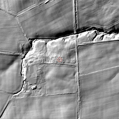Shaded relief map of the ground around TD152TL, computed from Environment Agency LiDAR. The ground here sits at about 24 m above sea level and falls 16 m across the surrounding 800 m. Surface water reaching this point runs off ground lying to the south-west, 1.5 m higher.