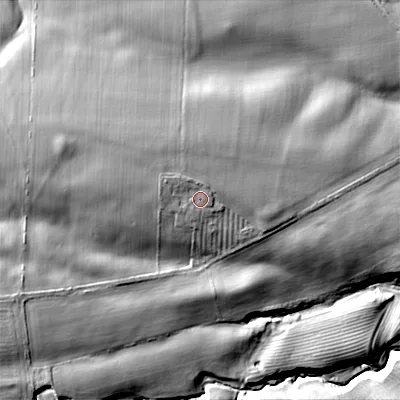 Shaded relief map of the ground around TD152TP, computed from Environment Agency LiDAR. The ground here sits at about 60 m above sea level and falls 25 m across the surrounding 800 m. Surface water reaching this point runs off ground lying to the west-north-west, 2.3 m higher.