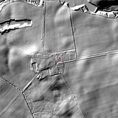 Shaded relief map of the ground around TD152UL, computed from Environment Agency LiDAR. The ground here sits at about 95 m above sea level and falls 17 m across the surrounding 800 m. Surface water reaching this point runs off ground lying to the west-south-west, 3.7 m higher.