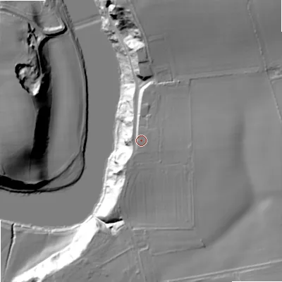 Shaded relief map of the ground around TD152XT, computed from Environment Agency LiDAR. The ground here sits at about 34 m above sea level and falls 40 m across the surrounding 800 m. The ground contributing surface water to this point lies to the east-south-east.