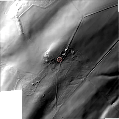 Shaded relief map of the ground around TD58DA, computed from Environment Agency LiDAR. The ground here sits at about 223 m above sea level and falls 340282346638528859811704183484516925440 m across the surrounding 800 m. Surface water reaching this point runs off ground lying to the south-south-west, 39.3 m higher.