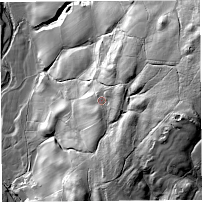 Shaded relief map of the ground around TD90TR, computed from Environment Agency LiDAR. The ground here sits at about 165 m above sea level and falls 76 m across the surrounding 800 m. Surface water reaching this point runs off ground lying to the east-north-east, 10.8 m higher.