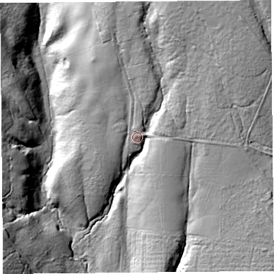 Shaded relief map of the ground around TD90TW, computed from Environment Agency LiDAR. The ground here sits at about 200 m above sea level and falls 60 m across the surrounding 800 m. Surface water reaching this point runs off ground lying to the north-north-east, 28.3 m higher.