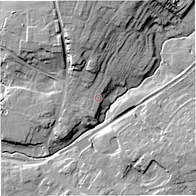 Shaded relief map of the ground around TF107JN, computed from Environment Agency LiDAR. The ground here sits at about 70 m above sea level and falls 19 m across the surrounding 800 m. Surface water reaching this point runs off ground lying to the north-north-west, 11.6 m higher.