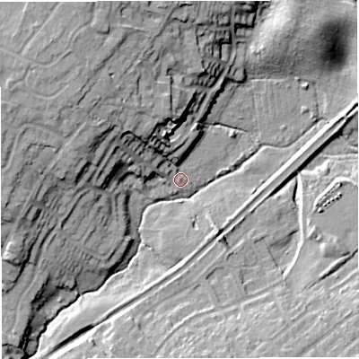 Shaded relief map of the ground around TF107UB, computed from Environment Agency LiDAR. The ground here sits at about 66 m above sea level and falls 19 m across the surrounding 800 m. Surface water reaching this point runs off ground lying to the north-west, 15.8 m higher.