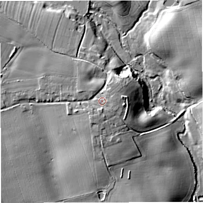 Shaded relief map of the ground around TF108AL, computed from Environment Agency LiDAR. The ground here sits at about 78 m above sea level and falls 19 m across the surrounding 800 m. Surface water reaching this point runs off ground lying to the east, 1.8 m higher.