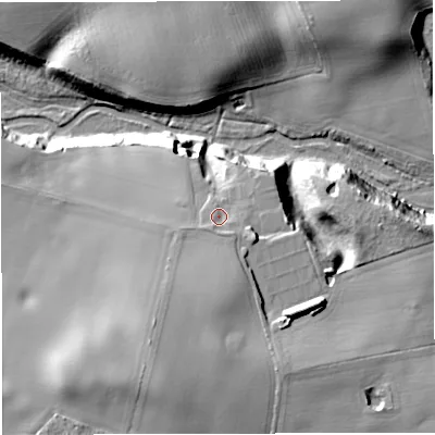 Shaded relief map of the ground around TF108BH, computed from Environment Agency LiDAR. The ground here sits at about 78 m above sea level and falls 25 m across the surrounding 800 m. Surface water reaching this point runs off ground lying to the south-south-east, 2.6 m higher.