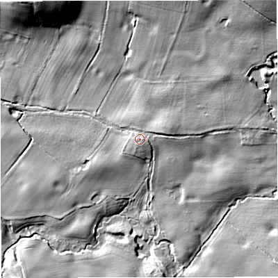 Shaded relief map of the ground around TF108DF, computed from Environment Agency LiDAR. The ground here sits at about 79 m above sea level and falls 21 m across the surrounding 800 m. Surface water reaching this point runs off ground lying to the east-north-east, 2.4 m higher.