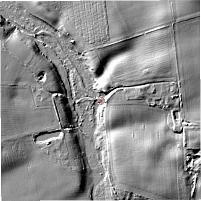 Shaded relief map of the ground around TF108NF, computed from Environment Agency LiDAR. The ground here sits at about 60 m above sea level and falls 18 m across the surrounding 800 m. Surface water reaching this point runs off ground lying to the east-north-east, 12.7 m higher.