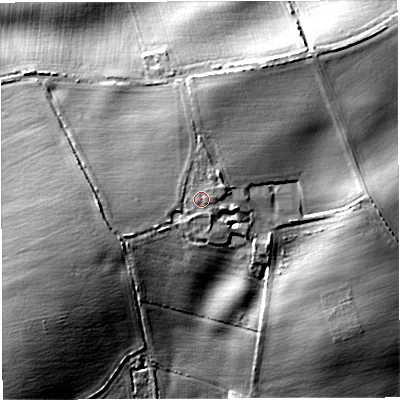 Shaded relief map of the ground around TF108PE, computed from Environment Agency LiDAR. The ground here sits at about 68 m above sea level and falls 19 m across the surrounding 800 m. Surface water reaching this point runs off ground lying to the north-east, 1.1 m higher.