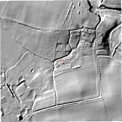 Shaded relief map of the ground around TF108PN, computed from Environment Agency LiDAR. The ground here sits at about 63 m above sea level and falls 14 m across the surrounding 800 m. Surface water reaching this point runs off ground lying to the north, 6.8 m higher.