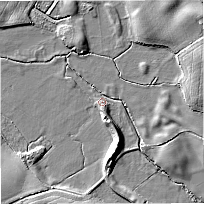 Shaded relief map of the ground around TF109DX, computed from Environment Agency LiDAR. The ground here sits at about 73 m above sea level and falls 16 m across the surrounding 800 m. Surface water reaching this point runs off ground lying to the south-south-east, 9.8 m higher.