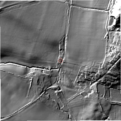 Shaded relief map of the ground around TF109HR, computed from Environment Agency LiDAR. The ground here sits at about 71 m above sea level and falls 42 m across the surrounding 800 m. Surface water reaching this point runs off ground lying to the north-east, 36.4 m higher.
