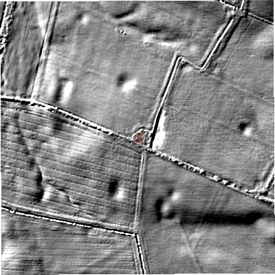 Shaded relief map of the ground around TF109HS, computed from Environment Agency LiDAR. The ground here sits at about 65 m above sea level and falls 9 m across the surrounding 800 m. Surface water reaching this point runs off ground lying to the east, 0.6 m higher.