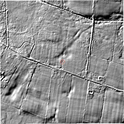 Shaded relief map of the ground around TF109HT, computed from Environment Agency LiDAR. The ground here sits at about 59 m above sea level and falls 7 m across the surrounding 800 m. Surface water reaching this point runs off ground lying to the south-east, 1.2 m higher.
