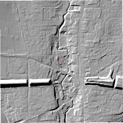 Shaded relief map of the ground around TF118GQ, computed from Environment Agency LiDAR. The ground here sits at about 85 m above sea level and falls 20 m across the surrounding 800 m. Surface water reaching this point runs off ground lying to the west, 6.4 m higher.