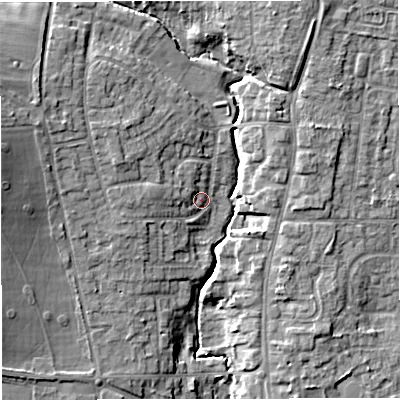 Shaded relief map of the ground around TF118HZ, computed from Environment Agency LiDAR. The ground here sits at about 89 m above sea level and falls 14 m across the surrounding 800 m. Surface water reaching this point runs off ground lying to the north-north-east, 7.5 m higher.