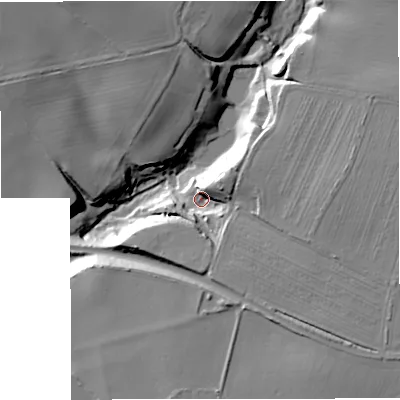 Shaded relief map of the ground around TF118QD, computed from Environment Agency LiDAR. The ground here sits at about 76 m above sea level and falls 23 m across the surrounding 800 m. Surface water reaching this point runs off ground lying to the east-north-east, 12.0 m higher.