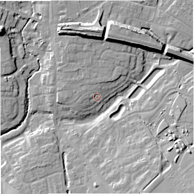 Shaded relief map of the ground around TF119BN, computed from Environment Agency LiDAR. The ground here sits at about 85 m above sea level and falls 20 m across the surrounding 800 m. Surface water reaching this point runs off ground lying to the north-west, 2.5 m higher.