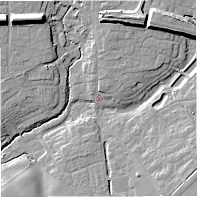 Shaded relief map of the ground around TF119BP, computed from Environment Agency LiDAR. The ground here sits at about 83 m above sea level and falls 23 m across the surrounding 800 m. Surface water reaching this point runs off ground lying to the north-north-east, 5.3 m higher.