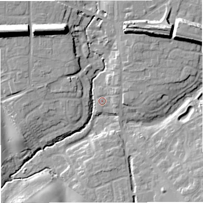 Shaded relief map of the ground around TF119BQ, computed from Environment Agency LiDAR. The ground here sits at about 82 m above sea level and falls 24 m across the surrounding 800 m. Surface water reaching this point runs off ground lying to the east-north-east, 3.8 m higher.