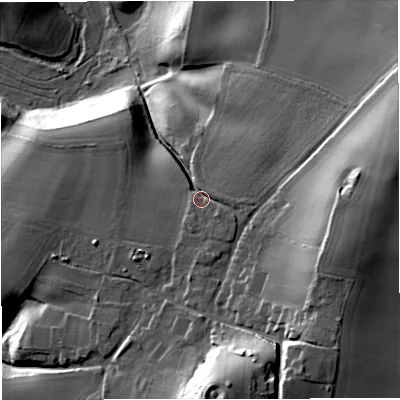 Shaded relief map of the ground around TF119BX, computed from Environment Agency LiDAR. The ground here sits at about 77 m above sea level and falls 45 m across the surrounding 800 m. Surface water reaching this point runs off ground lying to the east-south-east, 5.1 m higher.