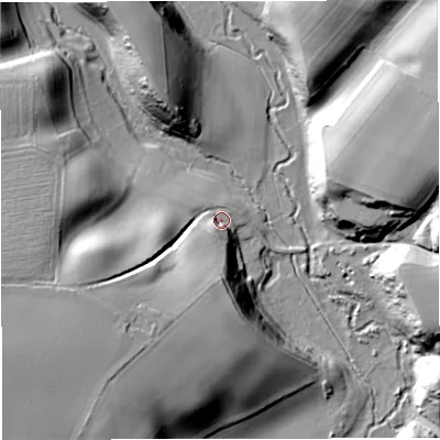 Shaded relief map of the ground around TF119DP, computed from Environment Agency LiDAR. The ground here sits at about 58 m above sea level and falls 30 m across the surrounding 800 m. Surface water reaching this point runs off ground lying to the south-west, 24.2 m higher.