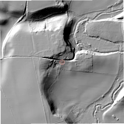 Shaded relief map of the ground around TF119ES, computed from Environment Agency LiDAR. The ground here sits at about 66 m above sea level and falls 32 m across the surrounding 800 m. Surface water reaching this point runs off ground lying to the west-north-west, 14.2 m higher.