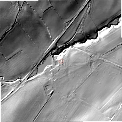 Shaded relief map of the ground around TF119PS, computed from Environment Agency LiDAR. The ground here sits at about 87 m above sea level and falls 41 m across the surrounding 800 m. Surface water reaching this point runs off ground lying to the south-south-west, 2.8 m higher.