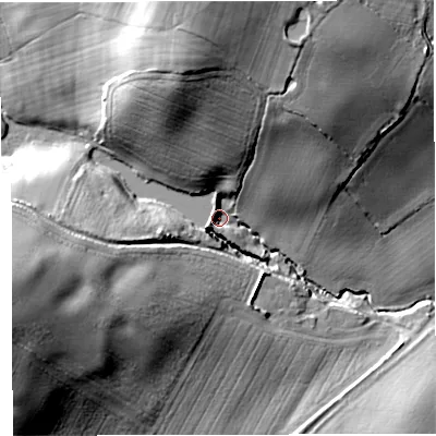 Shaded relief map of the ground around TF119PT, computed from Environment Agency LiDAR. The ground here sits at about 93 m above sea level and falls 42 m across the surrounding 800 m. Surface water reaching this point runs off ground lying to the west-south-west, 30.0 m higher.