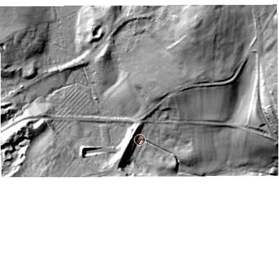 Shaded relief map of the ground around TF125JQ, computed from Environment Agency LiDAR. The ground here sits at about 124 m above sea level and falls 39 m across the surrounding 800 m. Surface water reaching this point runs off ground lying to the north-north-east, 33.4 m higher.