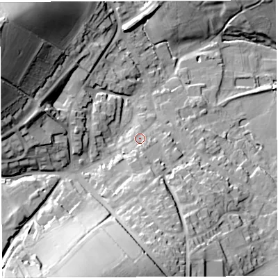 Shaded relief map of the ground around TF136AA, computed from Environment Agency LiDAR. The ground here sits at about 156 m above sea level and falls 49 m across the surrounding 800 m. Surface water reaching this point runs off ground lying to the south, 7.6 m higher.
