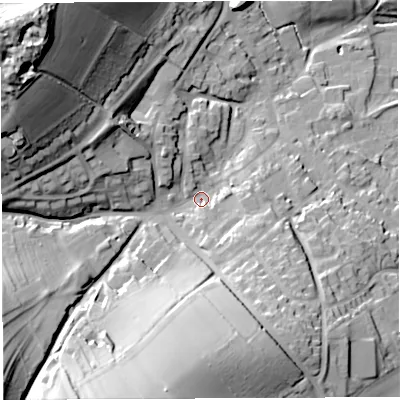Shaded relief map of the ground around TF136AB, computed from Environment Agency LiDAR. The ground here sits at about 156 m above sea level and falls 55 m across the surrounding 800 m. Surface water reaching this point runs off ground lying to the west-north-west, 39.3 m higher.
