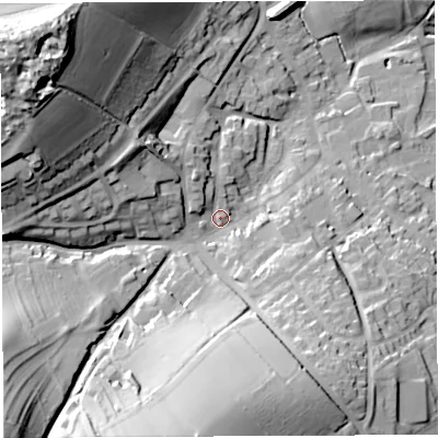 Shaded relief map of the ground around TF136AD, computed from Environment Agency LiDAR. The ground here sits at about 157 m above sea level and falls 54 m across the surrounding 800 m. Surface water reaching this point runs off ground lying to the north-west, 42.2 m higher.