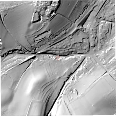 Shaded relief map of the ground around TF136AL, computed from Environment Agency LiDAR. The ground here sits at about 161 m above sea level and falls 50 m across the surrounding 800 m. Surface water reaching this point runs off ground lying to the south-south-west, 41.6 m higher.