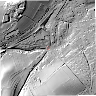Shaded relief map of the ground around TF136AQ, computed from Environment Agency LiDAR. The ground here sits at about 158 m above sea level and falls 53 m across the surrounding 800 m. Surface water reaching this point runs off ground lying to the south-west, 42.6 m higher.