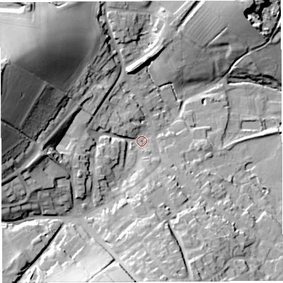 Shaded relief map of the ground around TF136BP, computed from Environment Agency LiDAR. The ground here sits at about 151 m above sea level and falls 50 m across the surrounding 800 m. Surface water reaching this point runs off ground lying to the west, 31.9 m higher.