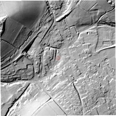 Shaded relief map of the ground around TF136BT, computed from Environment Agency LiDAR. The ground here sits at about 153 m above sea level and falls 54 m across the surrounding 800 m. Surface water reaching this point runs off ground lying to the west-north-west, 33.8 m higher.