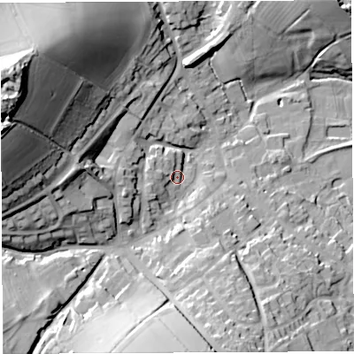 Shaded relief map of the ground around TF136BU, computed from Environment Agency LiDAR. The ground here sits at about 154 m above sea level and falls 55 m across the surrounding 800 m. Surface water reaching this point runs off ground lying to the west-south-west, 5.5 m higher.