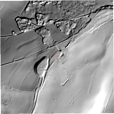 Shaded relief map of the ground around TF136DH, computed from Environment Agency LiDAR. The ground here sits at about 185 m above sea level and falls 70 m across the surrounding 800 m. Surface water reaching this point runs off ground lying to the north-west, 54.0 m higher.